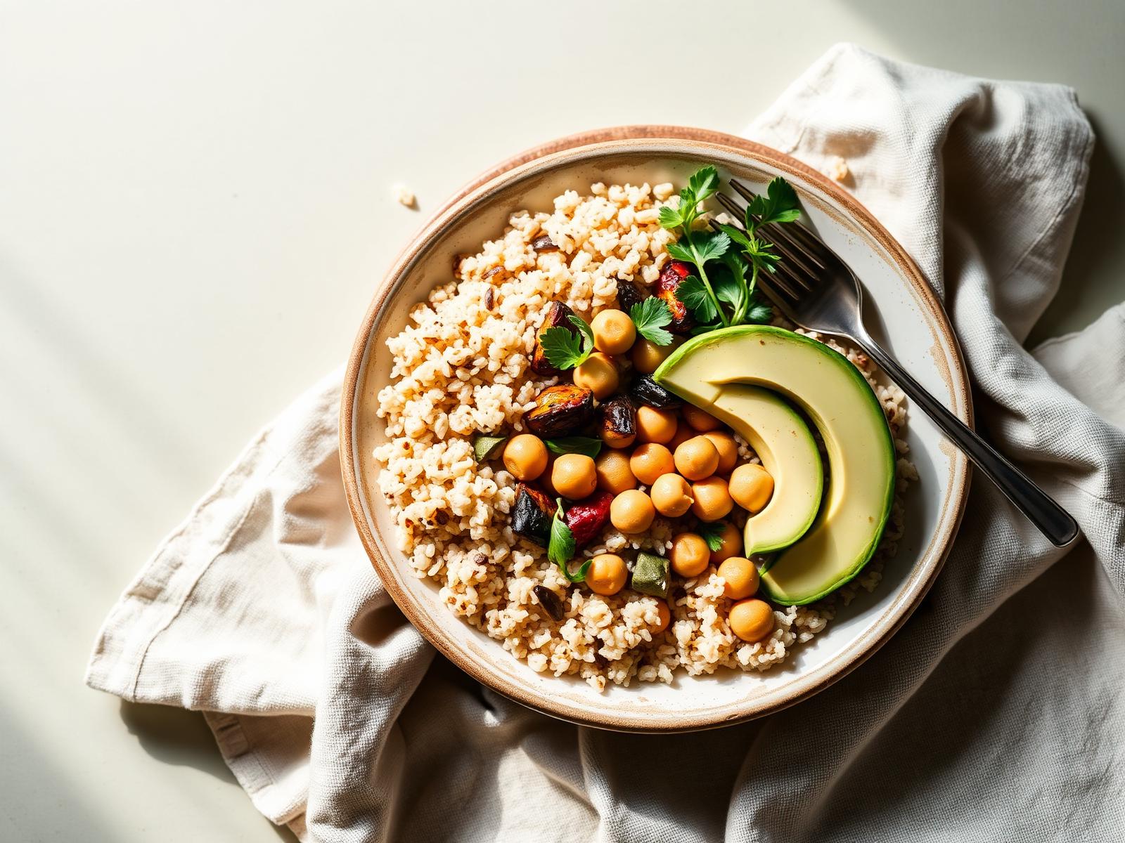 Bowl coloré quinoa, avocat et légumes rôtis